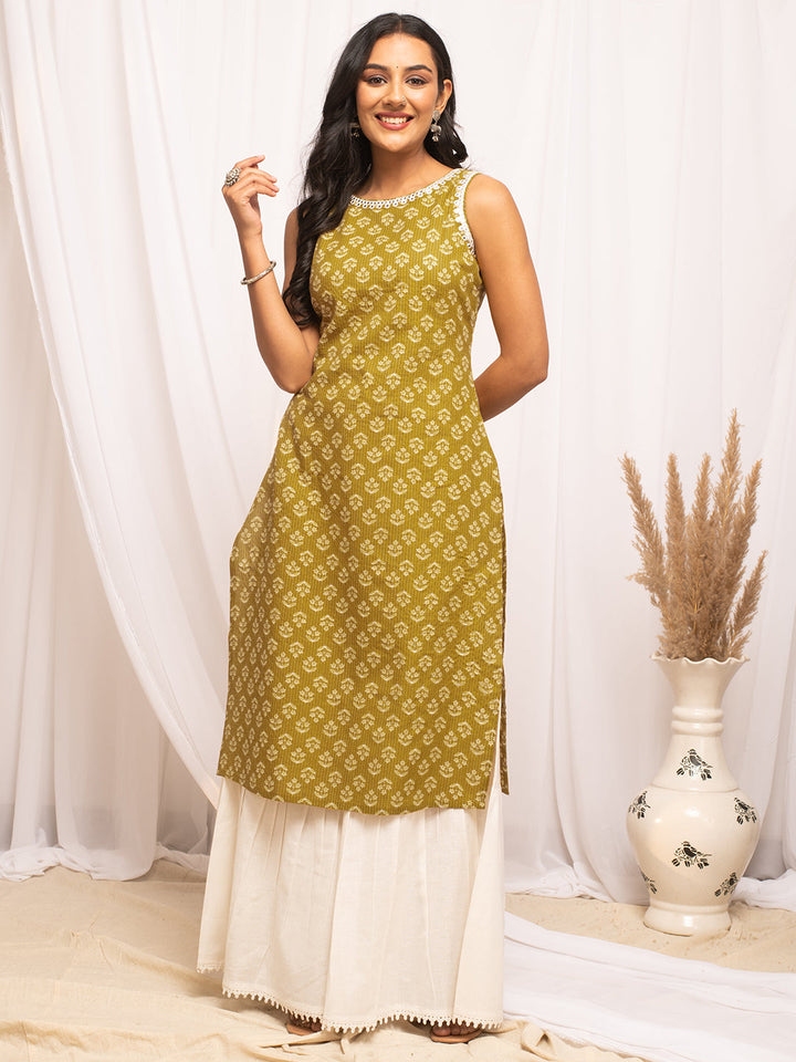 Yellow-Cotton-Floral-Print-Sleeveless-Straight-Kurta