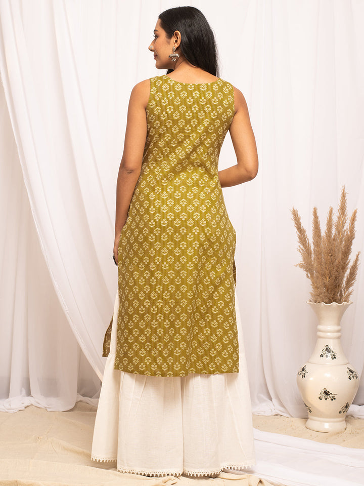 Yellow-Cotton-Floral-Print-Sleeveless-Straight-Kurta