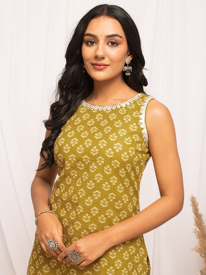 Yellow-Cotton-Floral-Print-Sleeveless-Straight-Kurta