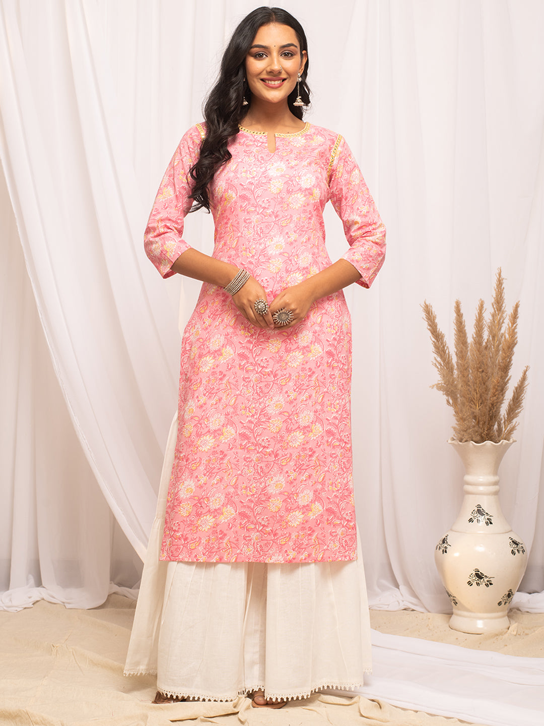 Peach-Cotton-Floral-Printed-Straight-Kurta