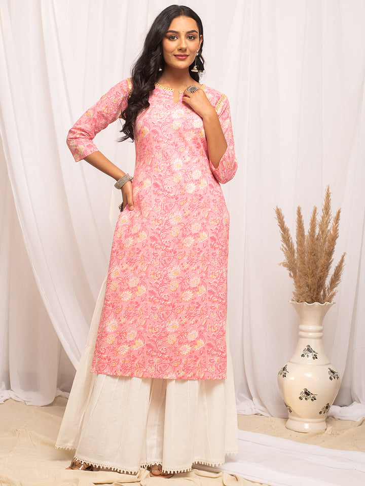 Peach-Cotton-Floral-Printed-Straight-Kurta