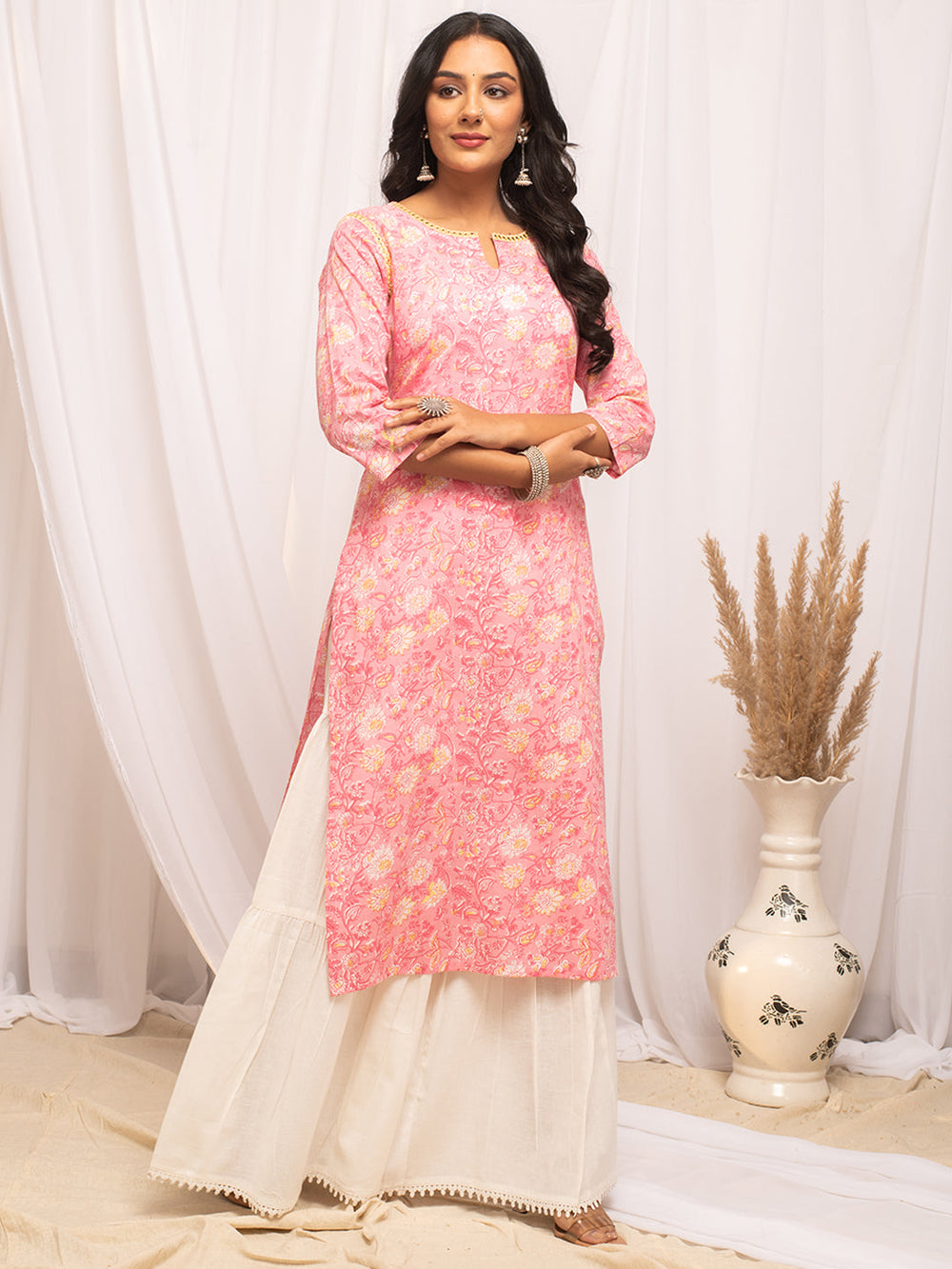 Peach-Cotton-Floral-Printed-Straight-Kurta