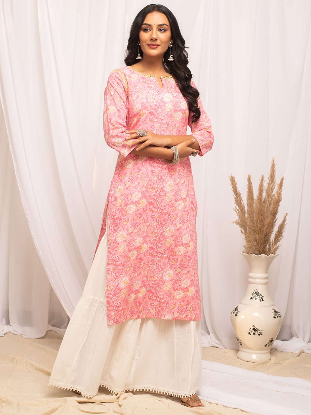 Peach-Cotton-Floral-Printed-Straight-Kurta