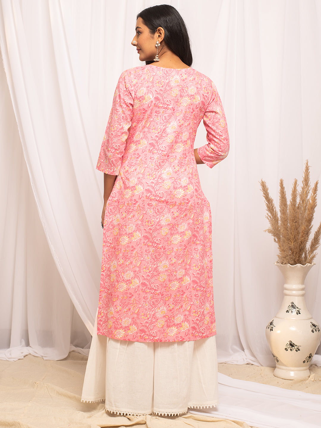 Peach-Cotton-Floral-Printed-Straight-Kurta