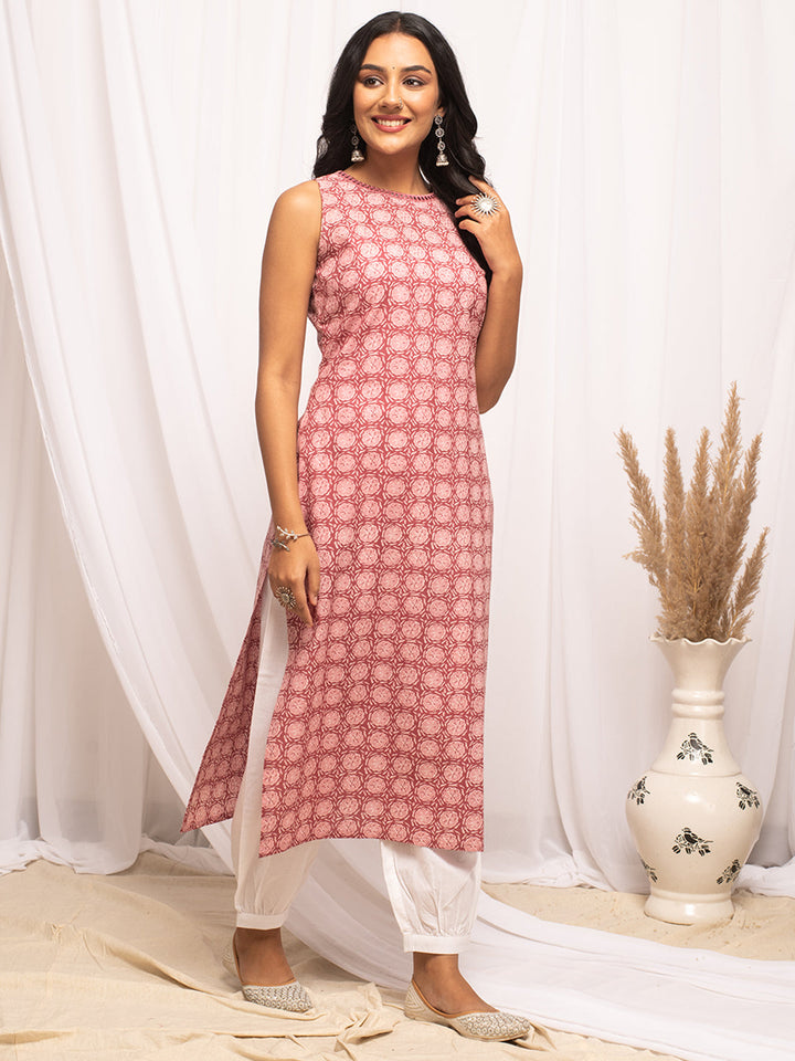 Pink-Cotton-Floral-Printed-Sleeveless-Straight-Kurta