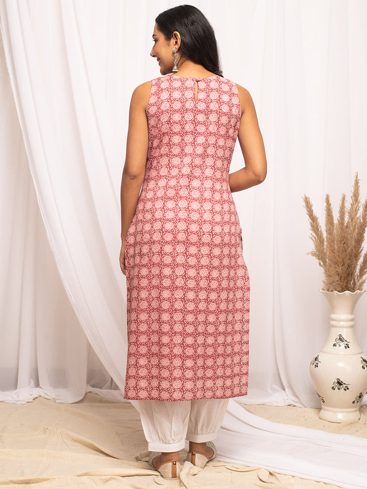 Pink-Cotton-Floral-Printed-Sleeveless-Straight-Kurta