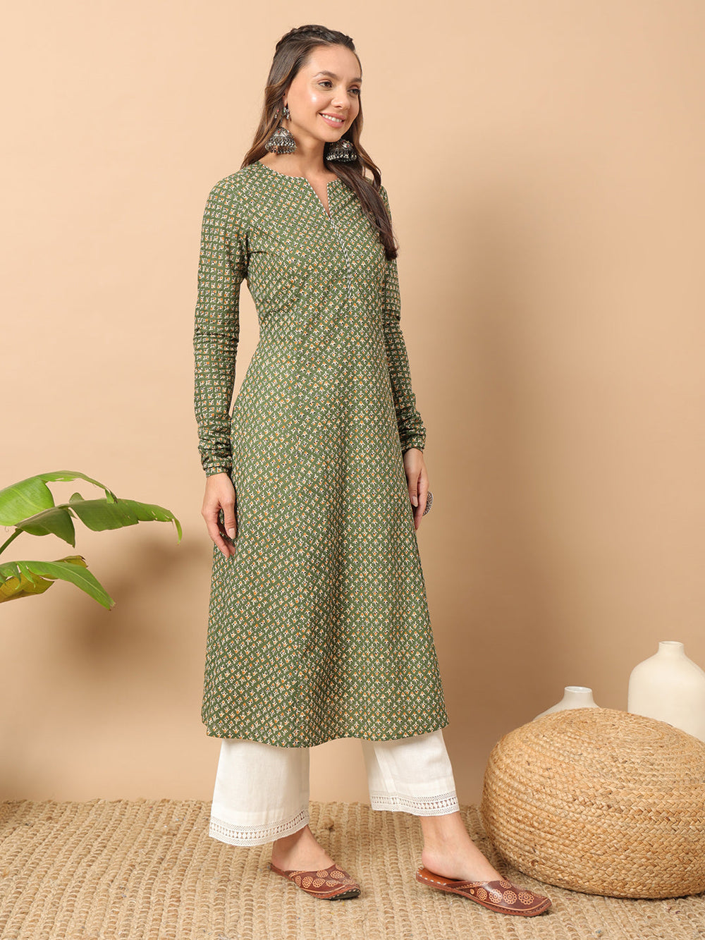 Green-Cotton-Floral-Printed-A-Line-Kurta