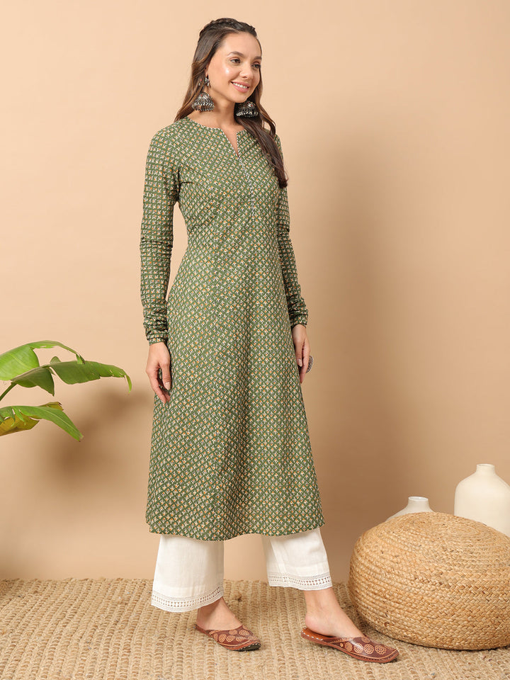 Green-Cotton-Floral-Printed-A-Line-Kurta