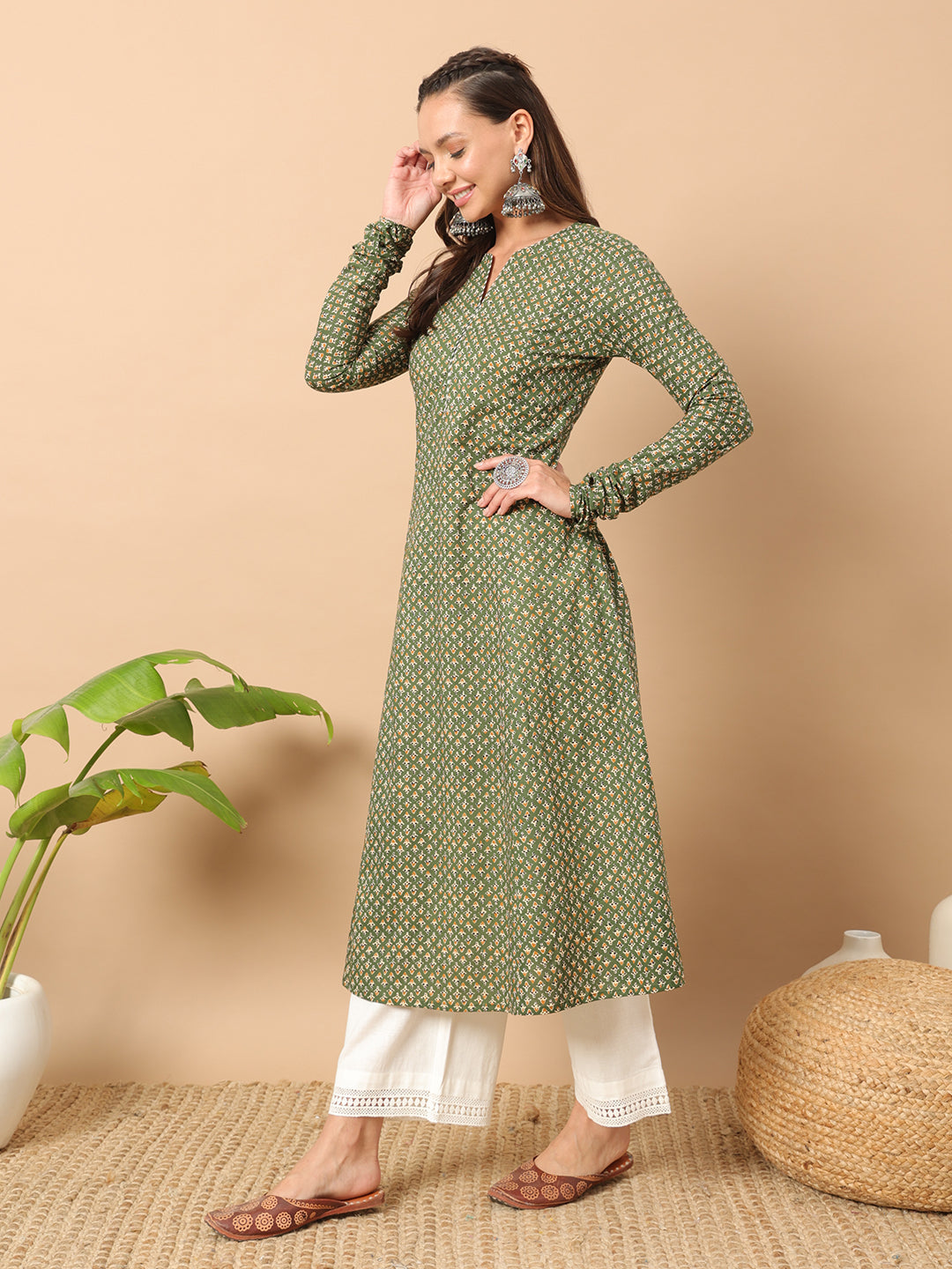 Green-Cotton-Floral-Printed-A-Line-Kurta