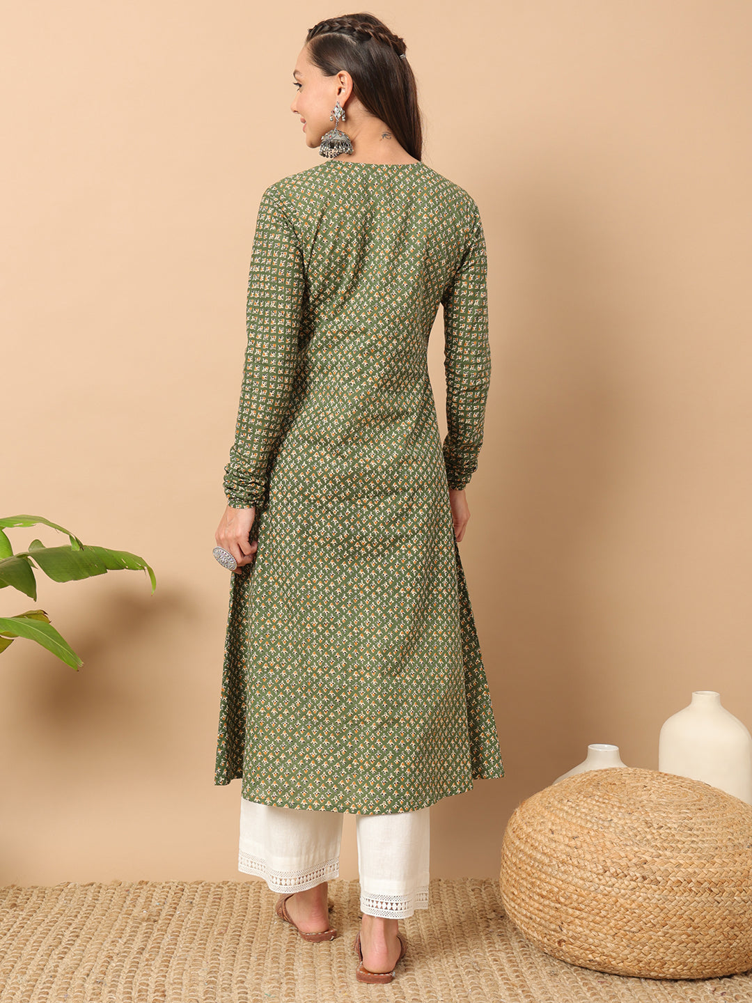 Green-Cotton-Floral-Printed-A-Line-Kurta