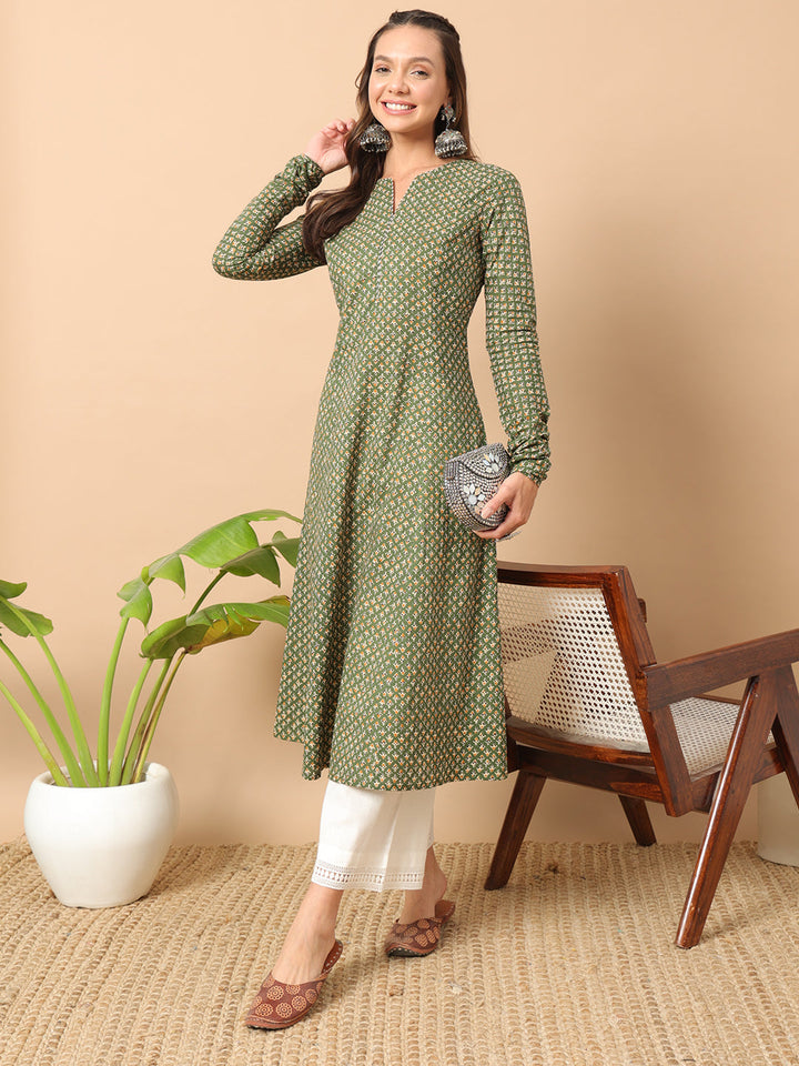 Green-Cotton-Floral-Printed-A-Line-Kurta