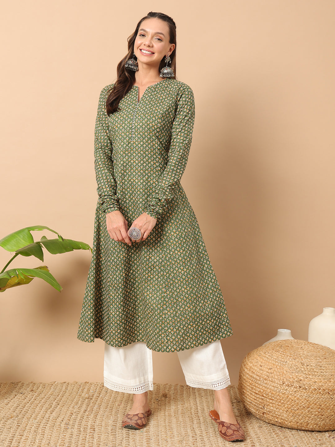 Green-Cotton-Floral-Printed-A-Line-Kurta