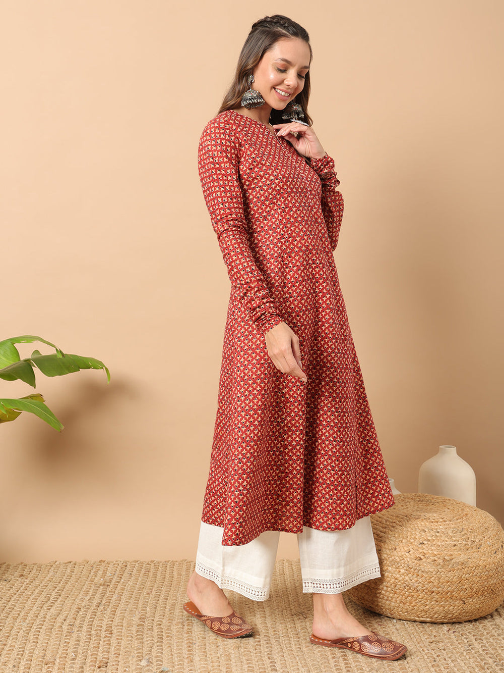 Red-Cotton-Floral-Printed-A-Line-Kurta