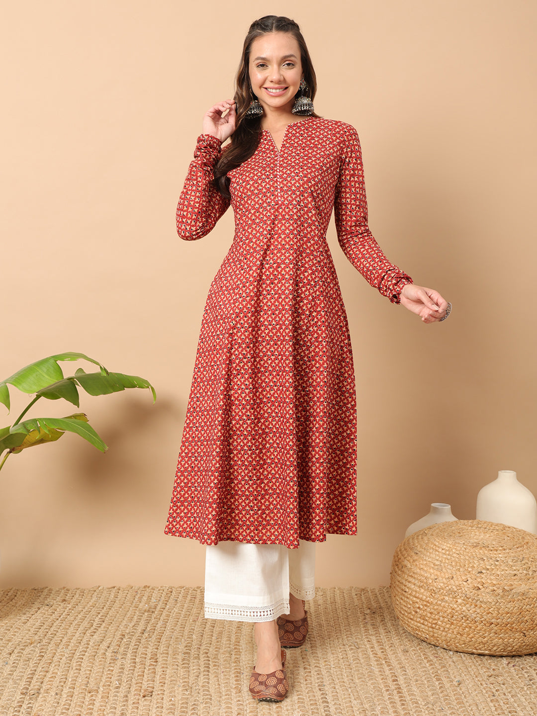 Red-Cotton-Floral-Printed-A-Line-Kurta