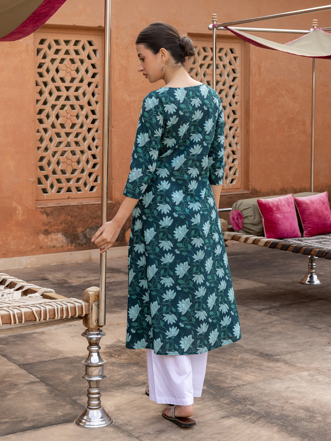 Teal-Cotton-Floral-Printed-Flared-Kurta