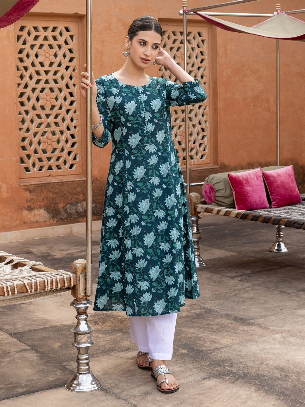 Teal-Cotton-Floral-Printed-Flared-Kurta