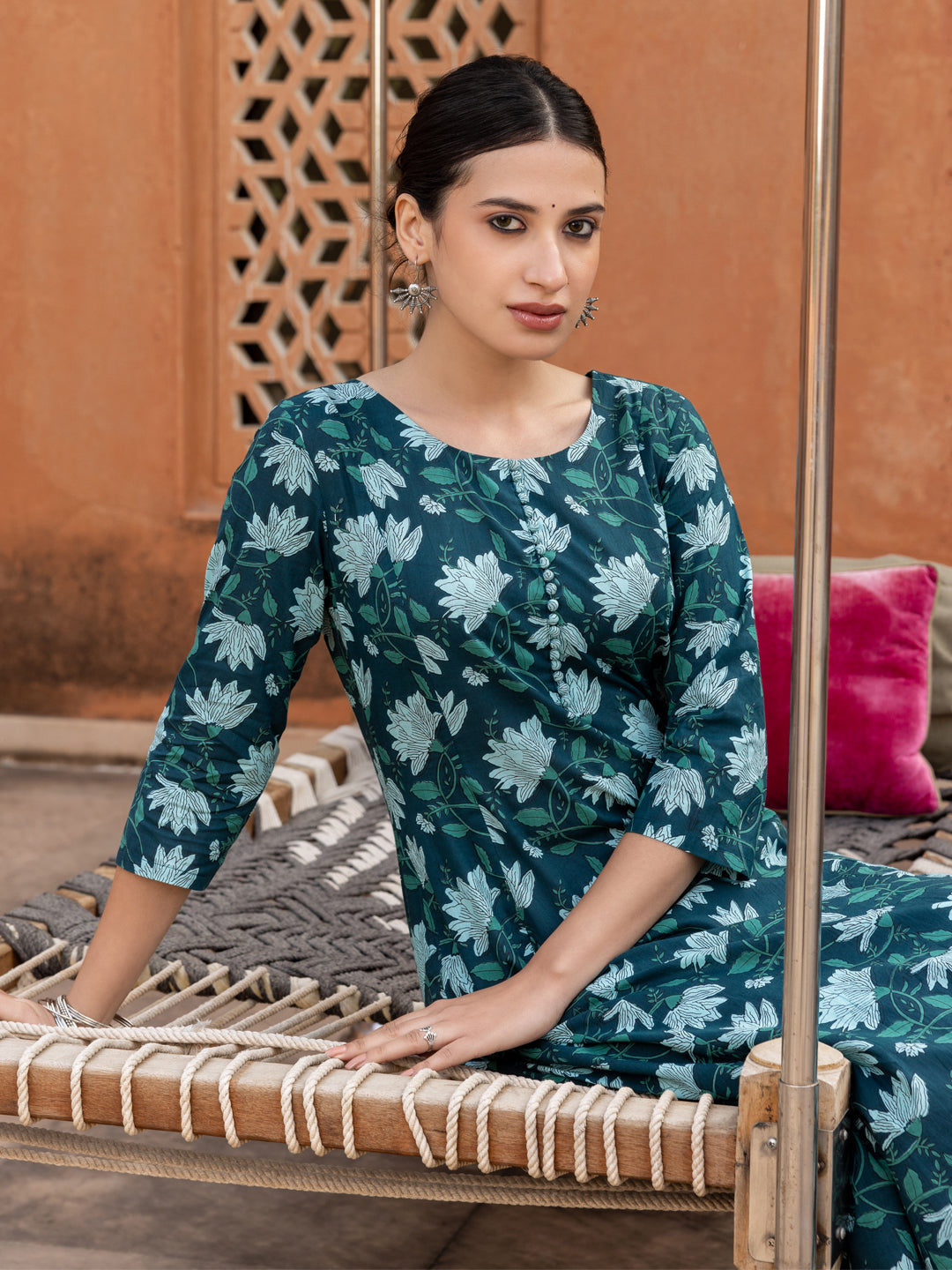 Teal-Cotton-Floral-Printed-Flared-Kurta