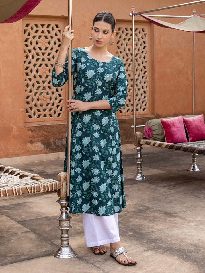 Teal-Cotton-Floral-Printed-Flared-Kurta