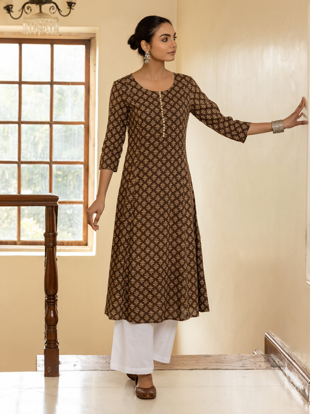 Brown-Cotton-Floral-Printed-Flared-Kurta