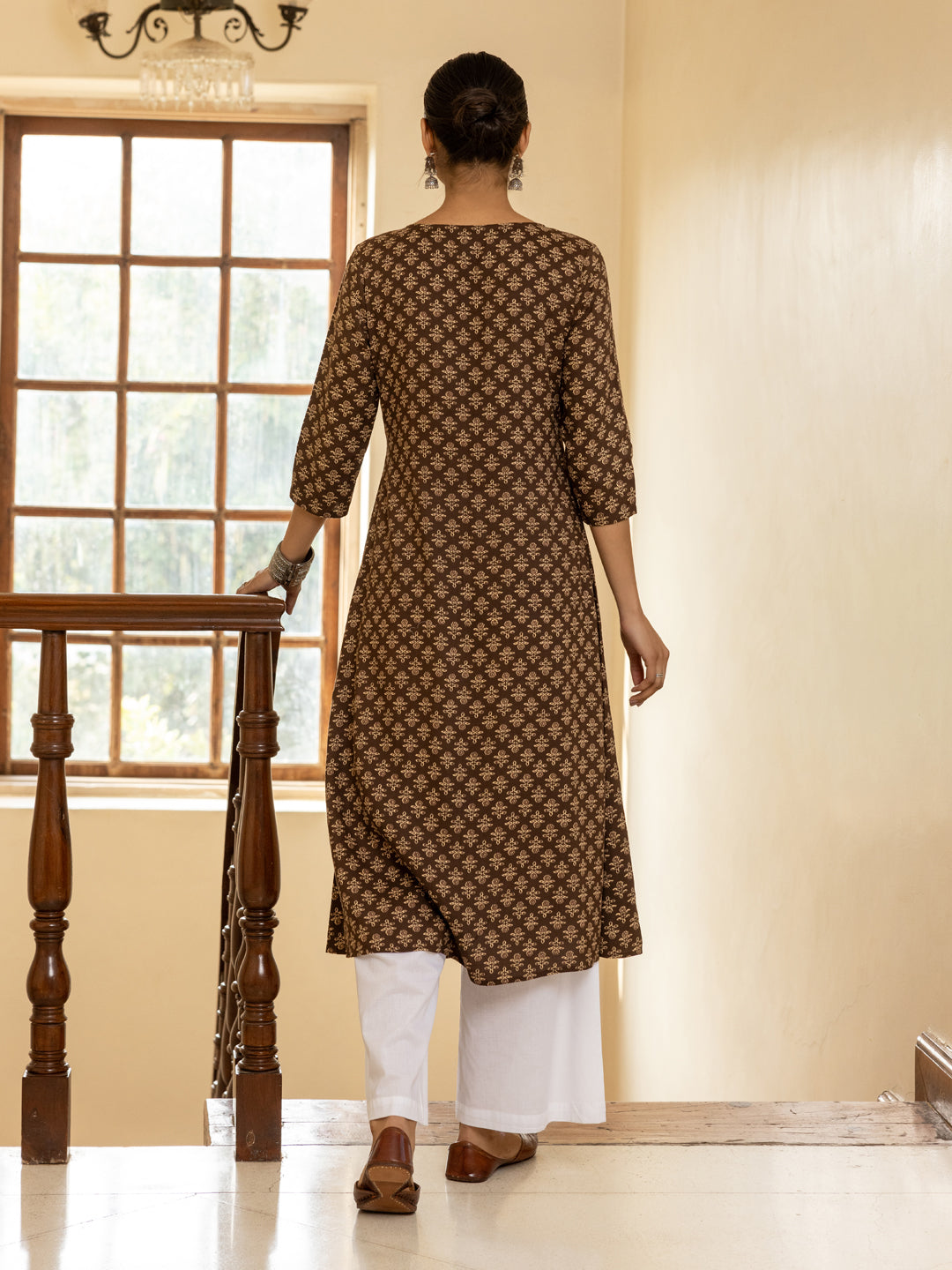 Brown-Cotton-Floral-Printed-Flared-Kurta