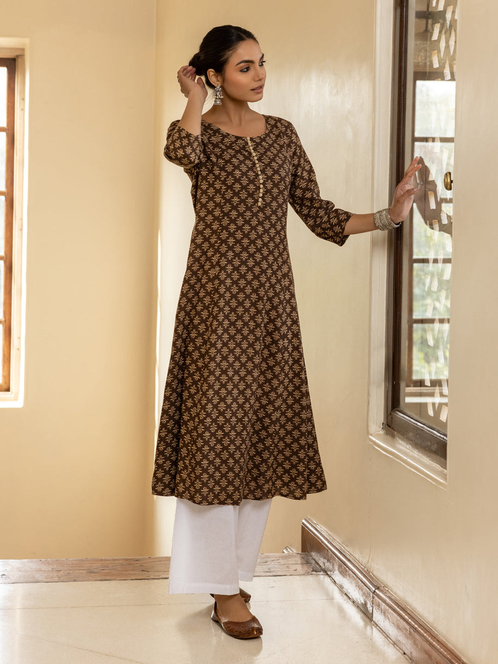 Brown-Cotton-Floral-Printed-Flared-Kurta