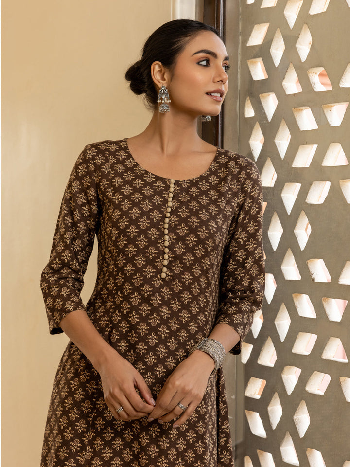 Brown-Cotton-Floral-Printed-Flared-Kurta