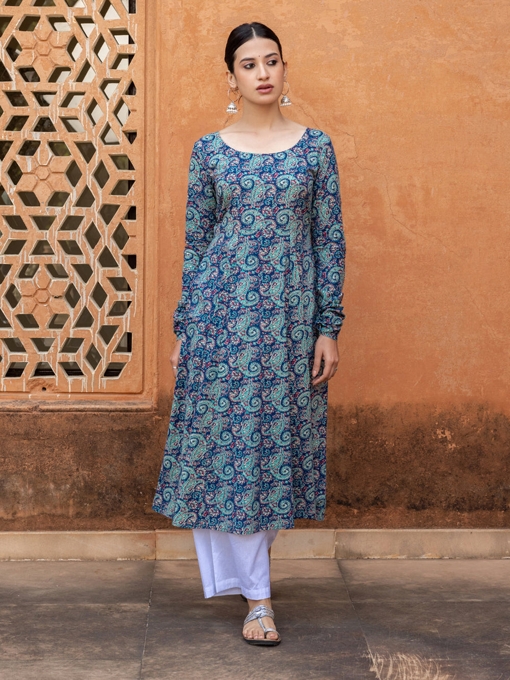 Blue-Cotton-Paisley-Printed-Anarkali-Kurta