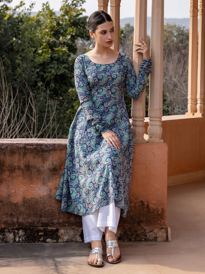 Blue-Cotton-Paisley-Printed-Anarkali-Kurta