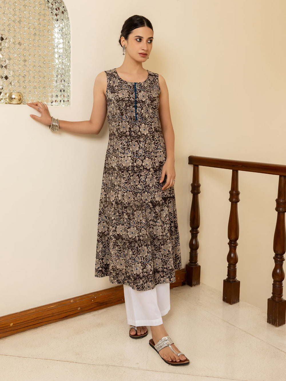 Brown-Cotton-Floral-Printed-Flared-Kurta