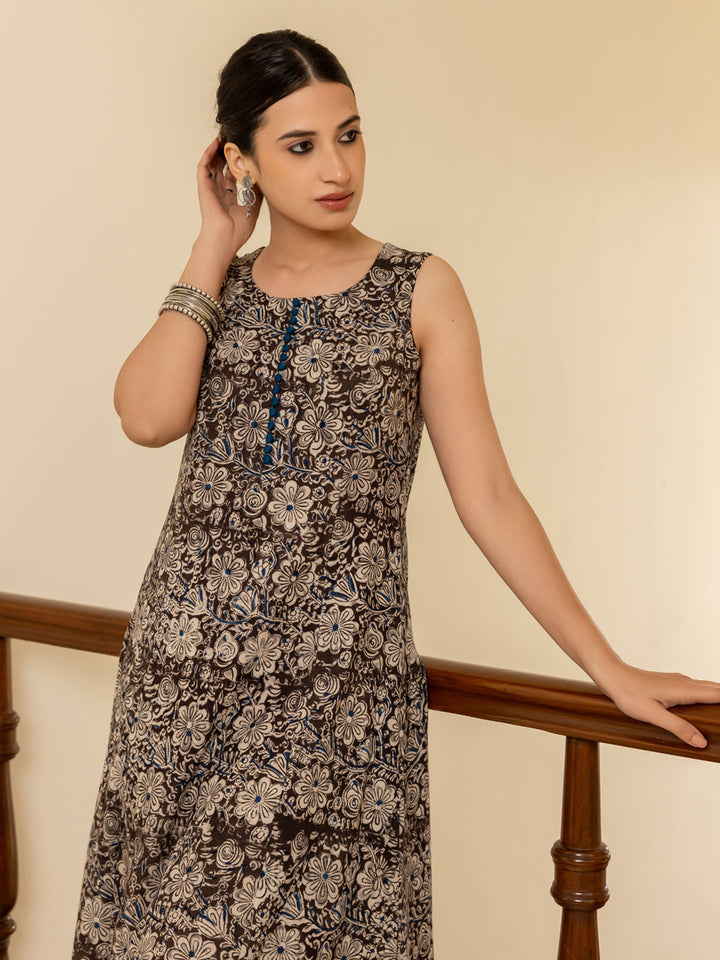 Brown-Cotton-Floral-Printed-Flared-Kurta