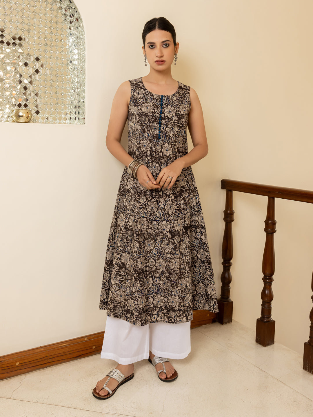 Brown-Cotton-Floral-Printed-Flared-Kurta