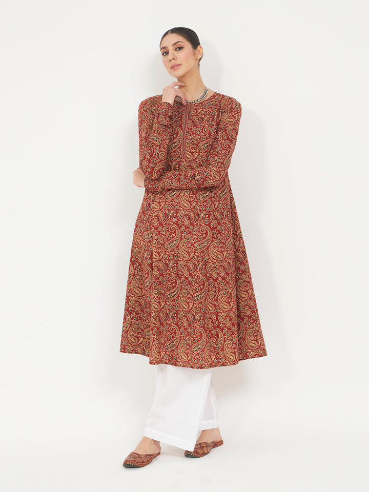 Maroon Paisley Printed Pure Cotton Anarkali Kurta