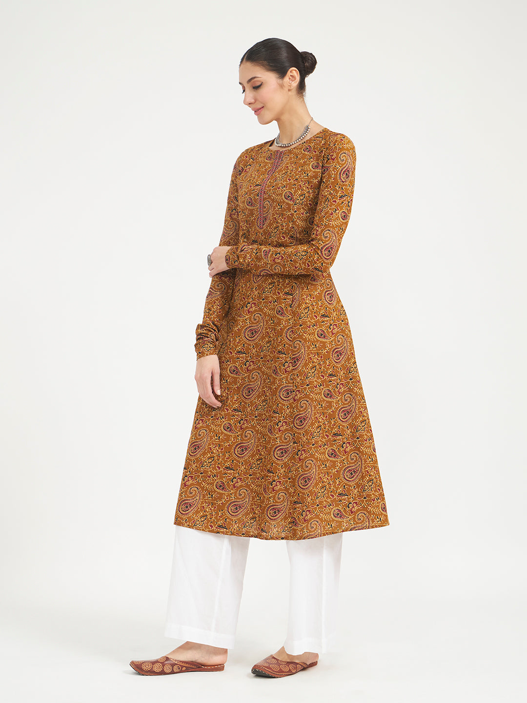 Mustard Paisley Printed Pure Cotton Anarkali Kurta