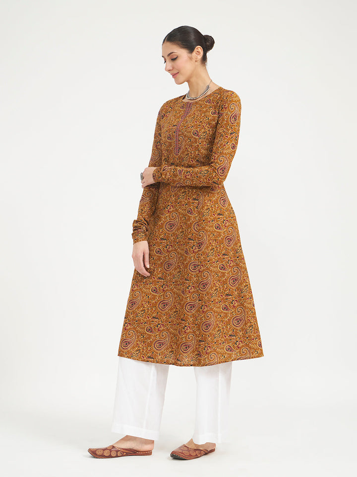 Mustard Paisley Printed Pure Cotton Anarkali Kurta