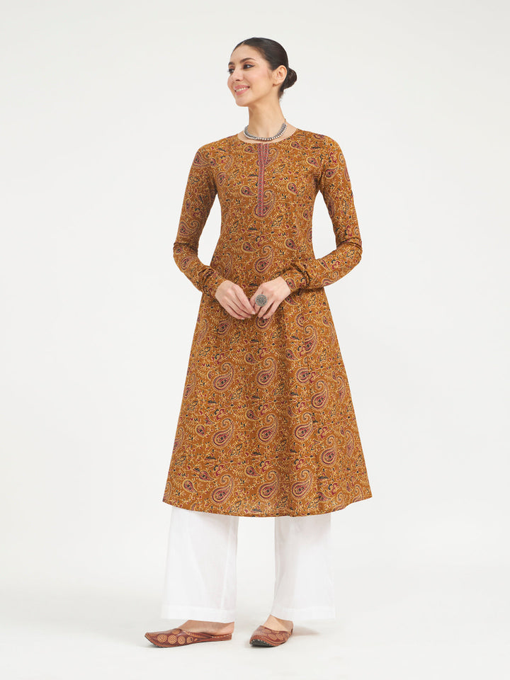 Mustard Paisley Printed Pure Cotton Anarkali Kurta
