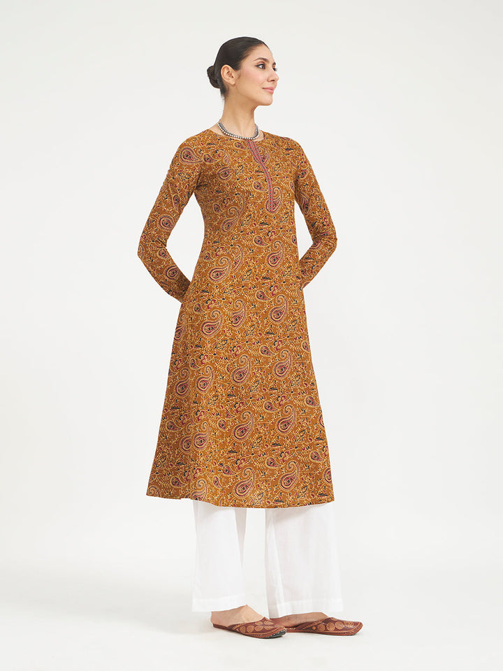 Mustard Paisley Printed Pure Cotton Anarkali Kurta