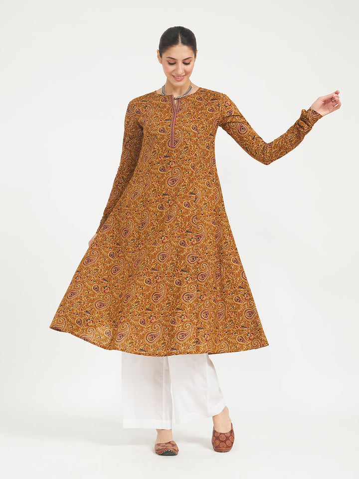 Mustard Paisley Printed Pure Cotton Anarkali Kurta