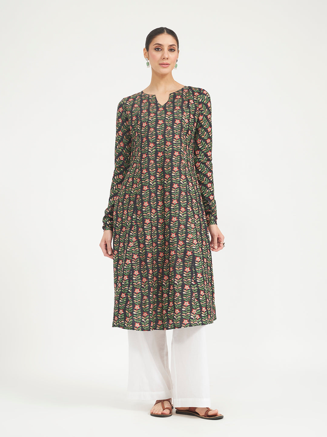 Black Floral Printed Pure Cotton Anarkali Kurta