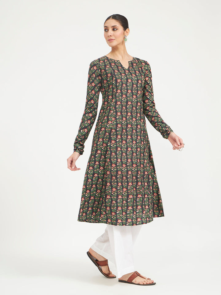 Black Floral Printed Pure Cotton Anarkali Kurta