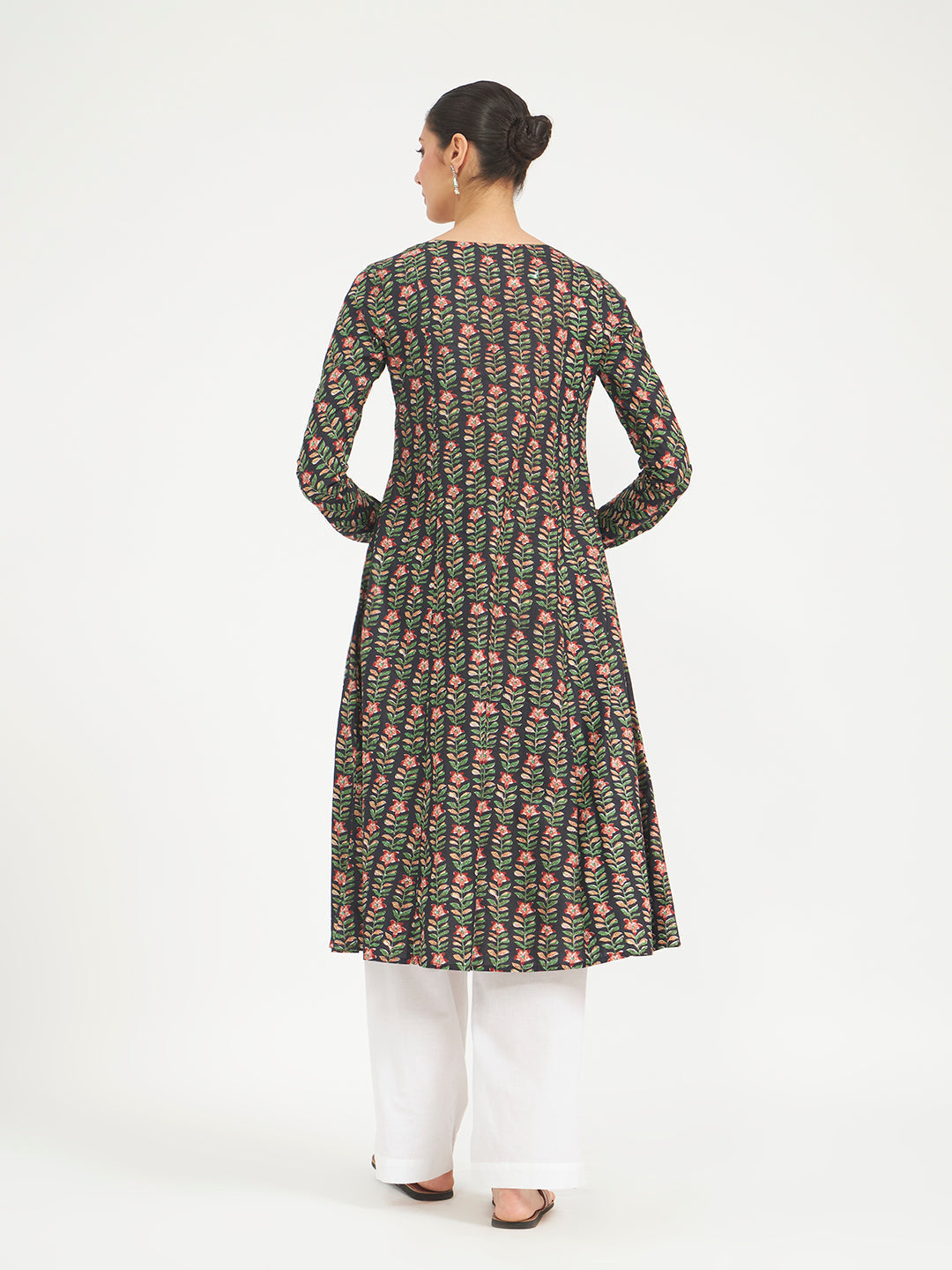 Black Floral Printed Pure Cotton Anarkali Kurta