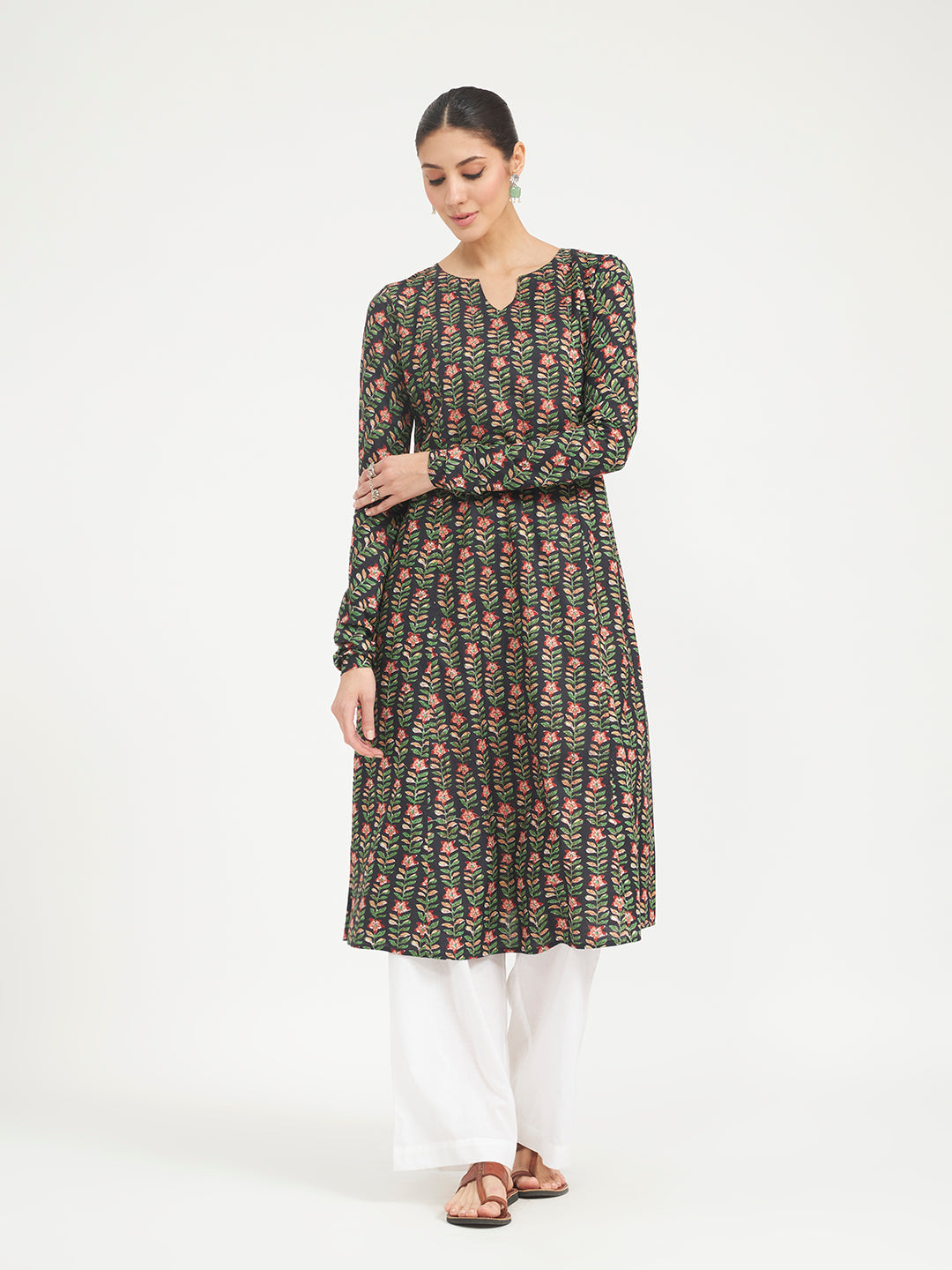 Black Floral Printed Pure Cotton Anarkali Kurta