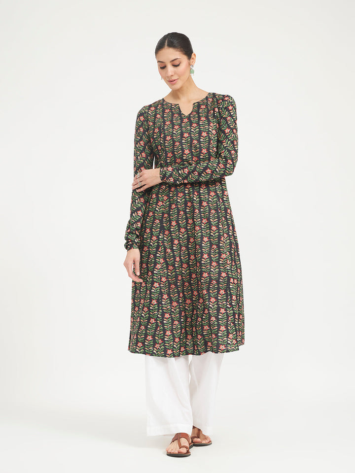 Black Floral Printed Pure Cotton Anarkali Kurta