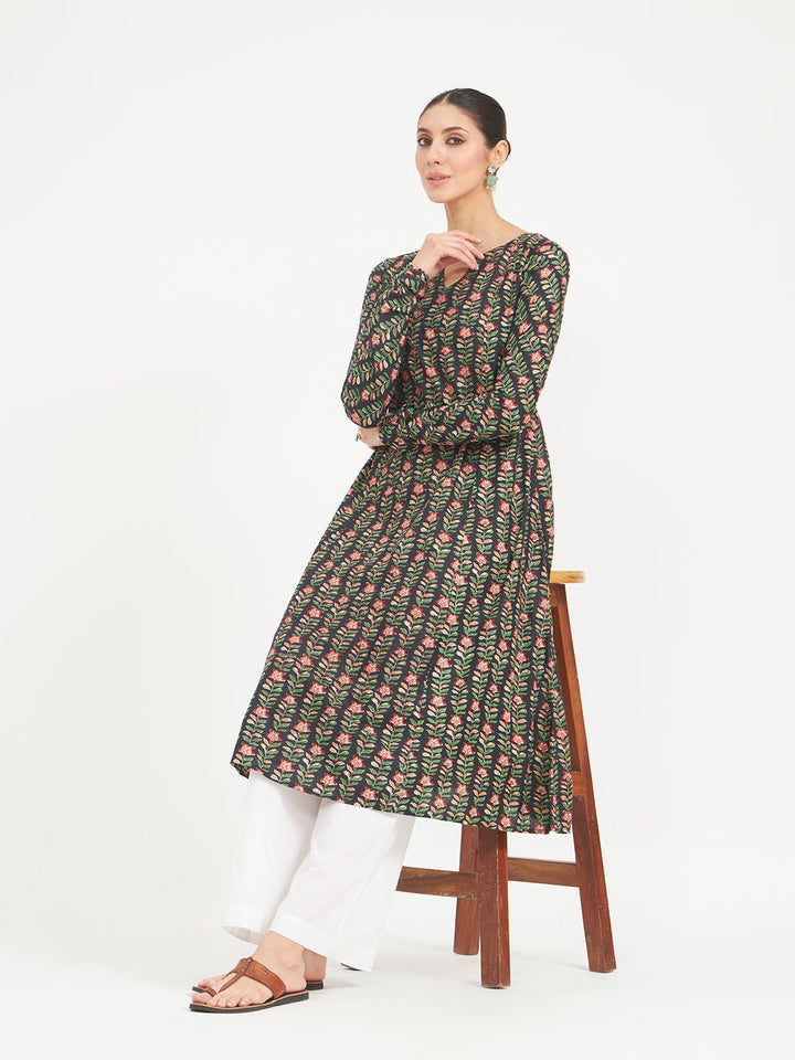 Black Floral Printed Pure Cotton Anarkali Kurta