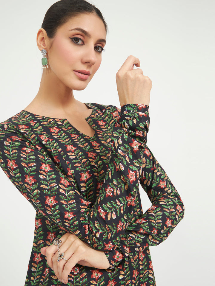 Black Floral Printed Pure Cotton Anarkali Kurta
