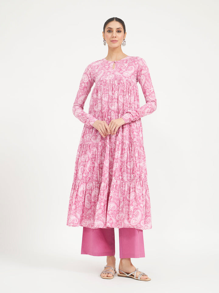 Pink Paisley Printed Pure Cotton Anarkali Kurta