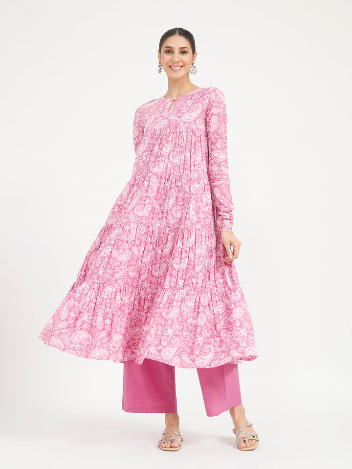 Pink Paisley Printed Pure Cotton Anarkali Kurta