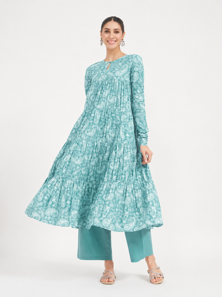 Firozi Paisley Printed Pure Cotton Anarkali Kurta