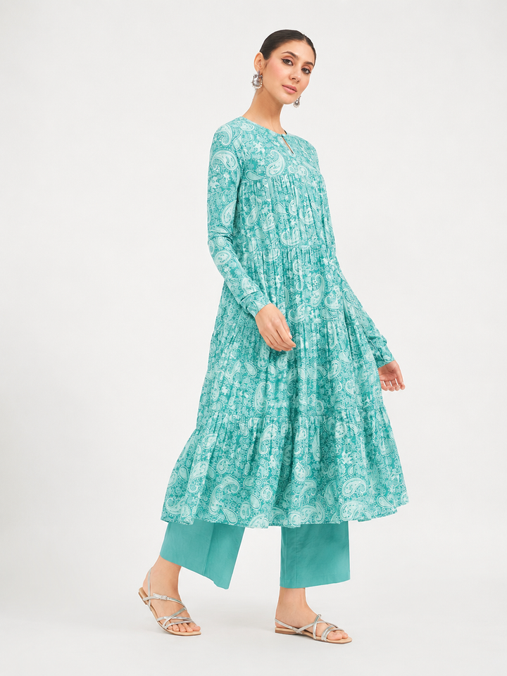 Firozi Paisley Printed Pure Cotton Anarkali Kurta