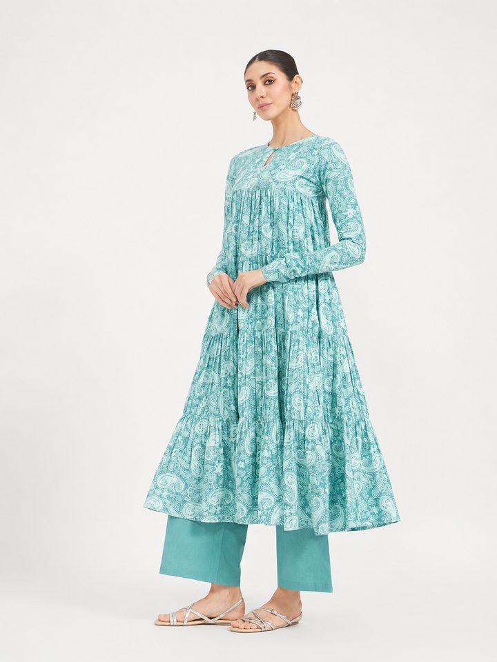 Firozi Paisley Printed Pure Cotton Anarkali Kurta