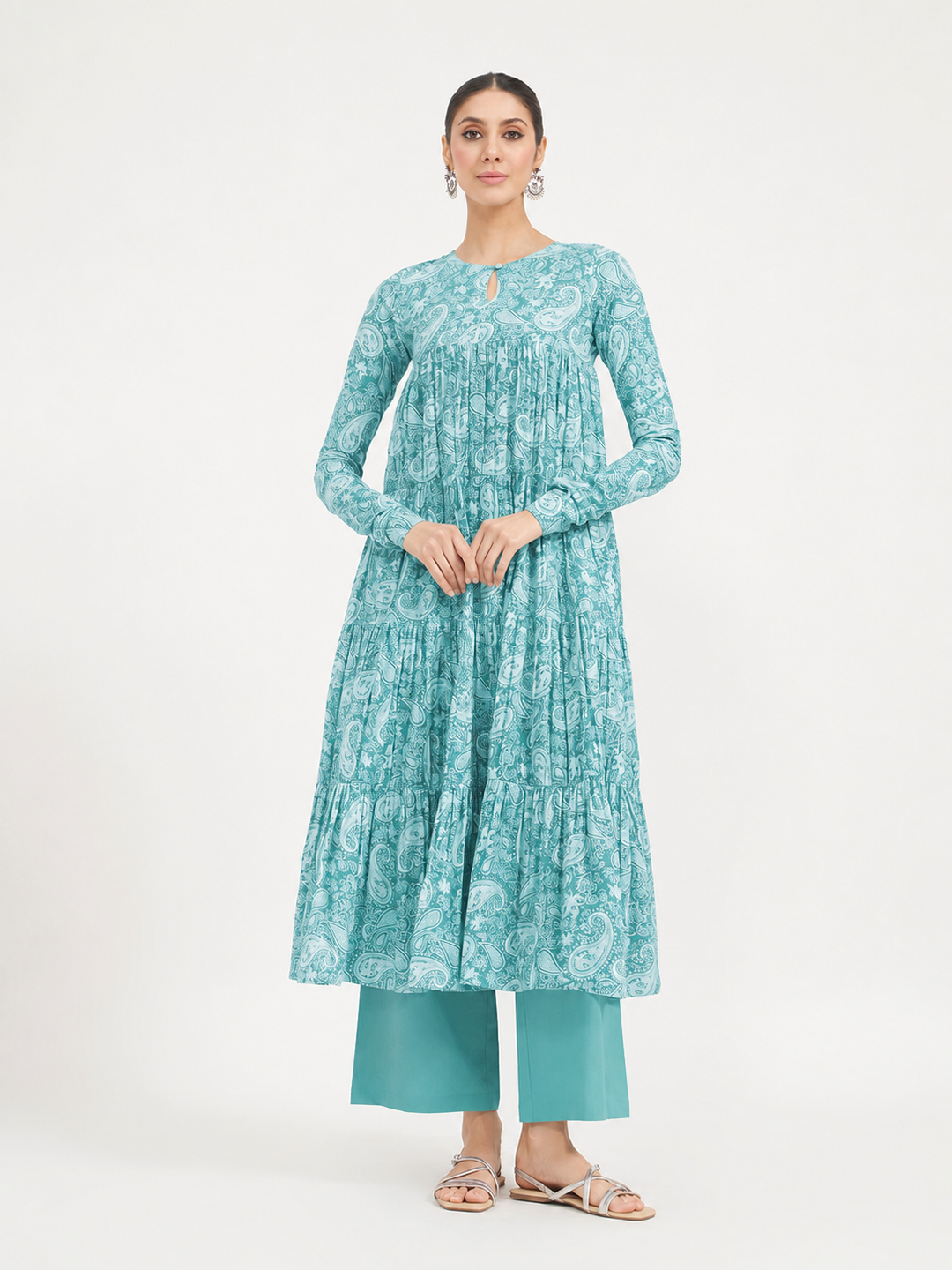 Firozi Paisley Printed Pure Cotton Anarkali Kurta